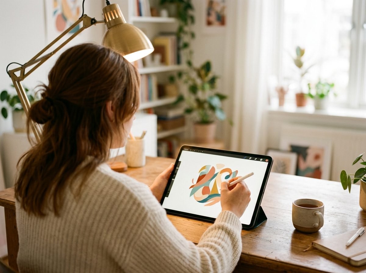 Un designer dessine un logo coloré sur une tablette graphique