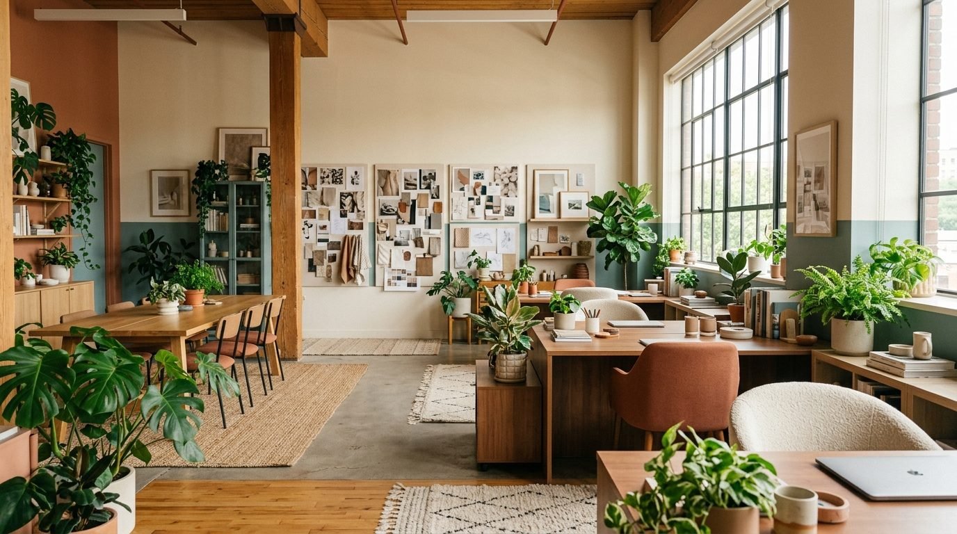 Intérieur lumineux de l'atelier créatif d'Adlab Factory, plantes et grandes fenêtres