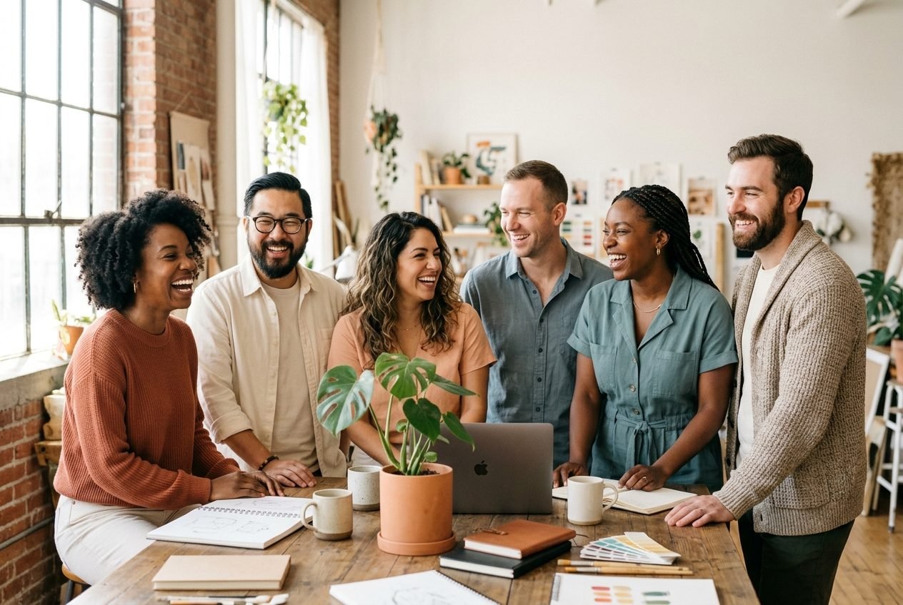 Portrait de groupe de l'équipe créative d'Adlab Factory dans son studio ensoleillé