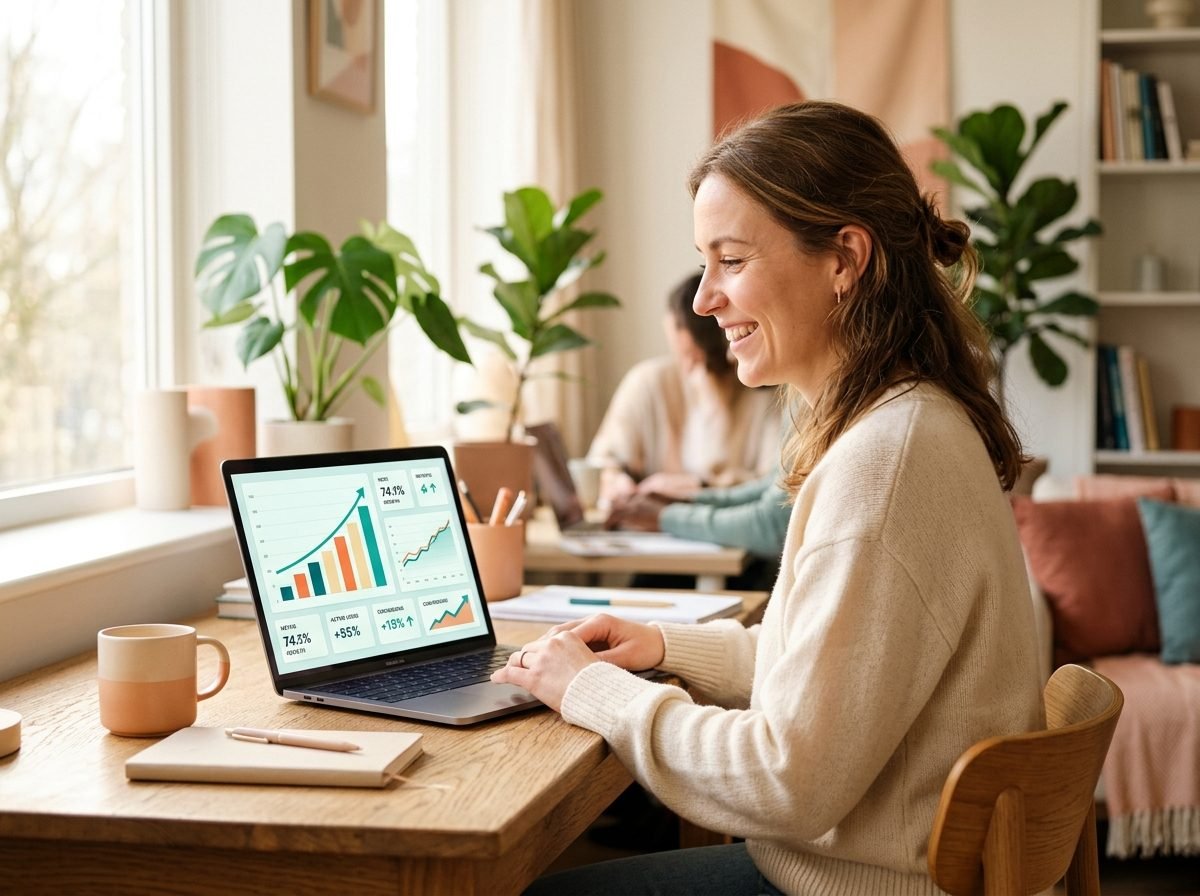 Tableau de bord d'analytics montrant une croissance du trafic, sur un ordinateur portable