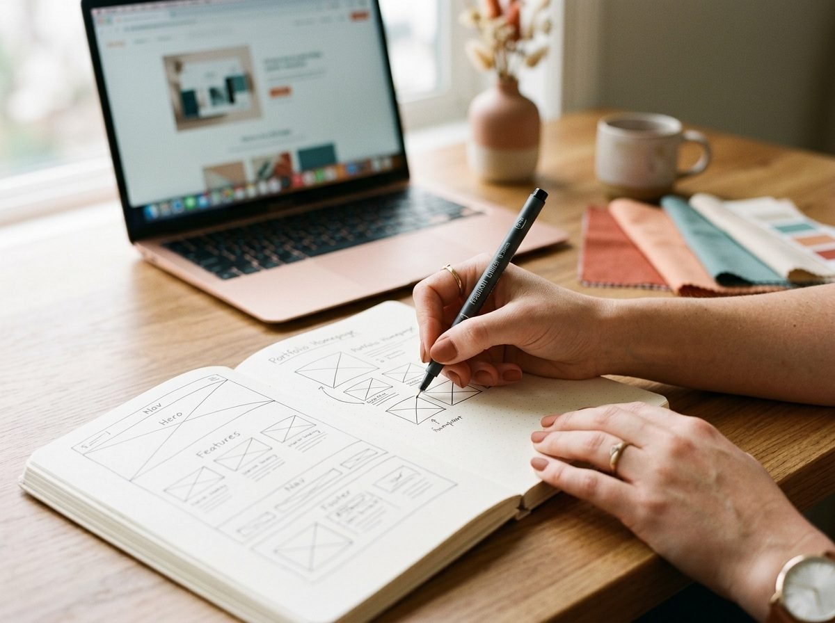 Gros plan sur les mains d'un designer qui esquisse des wireframes de site web