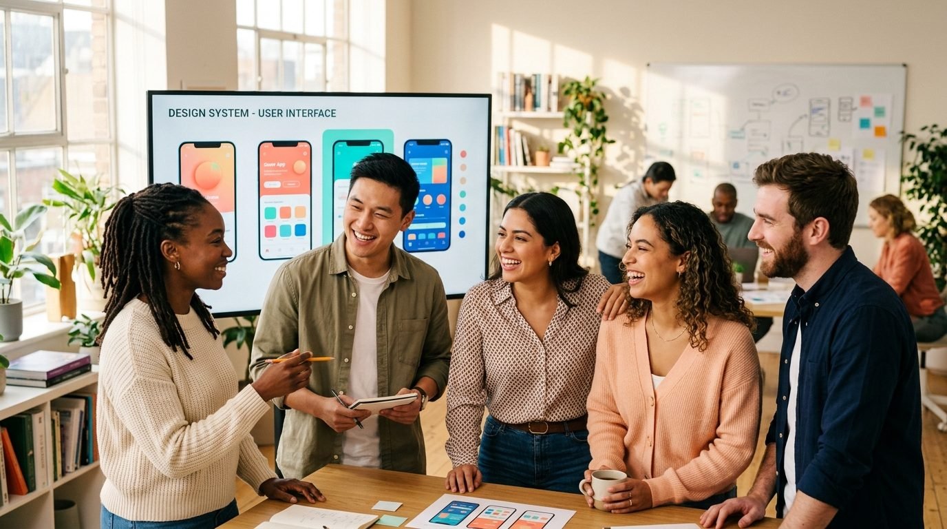 L'équipe d'Adlab Factory en atelier, autour d'un écran d'interfaces colorées