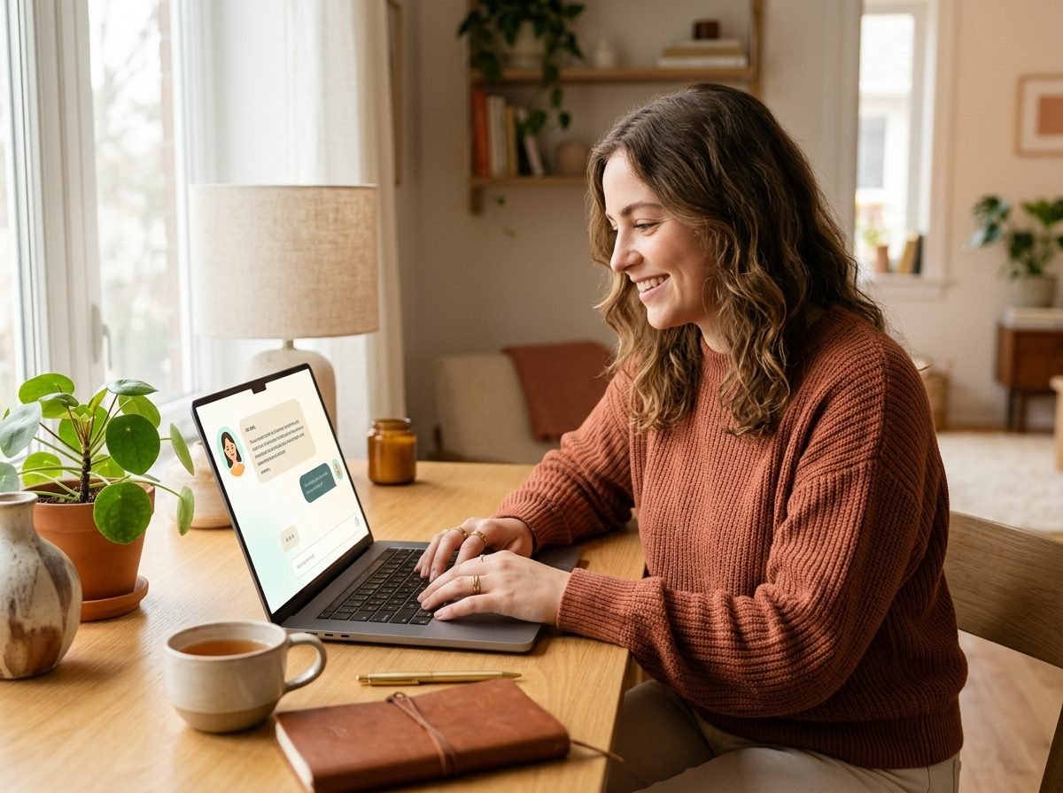 Personne échangeant avec un assistant IA sur un ordinateur portable dans un bureau chaleureux