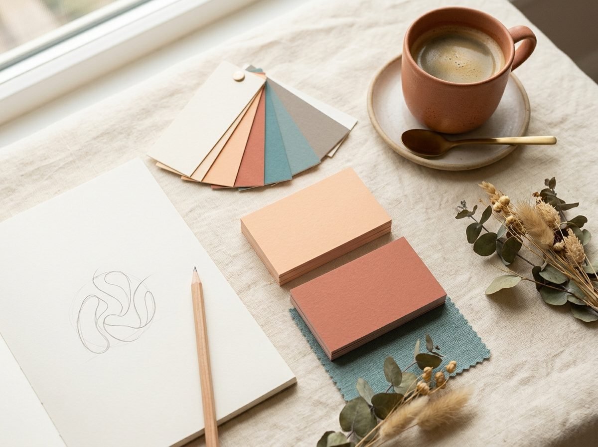 Flatlay d'une identité de marque : cartes de visite, nuancier et esquisse de logo