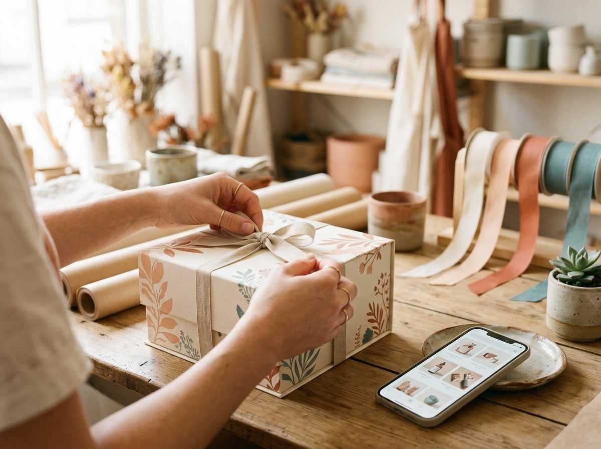 Emballage d'un produit de marque à côté d'un smartphone affichant une boutique en ligne