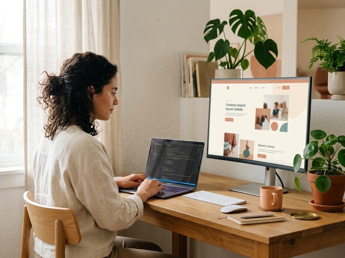Développeur codant un site web moderne sur un ordinateur portable et un grand écran